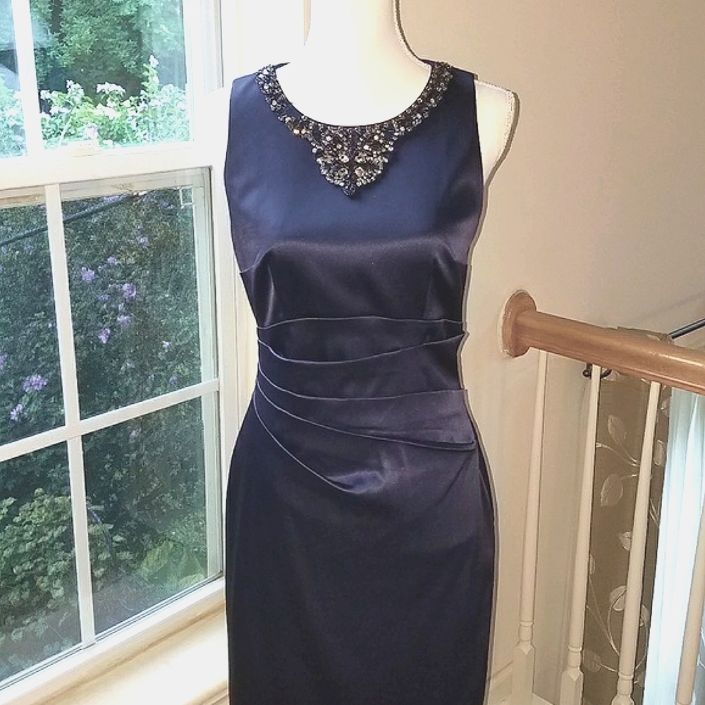 Eliza J Navy Satin Beaded Neckline Dress Size 6